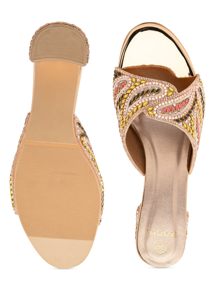 Rocia By Regal Rose Gold Women Heavy Embroidered Block Heel Sandals