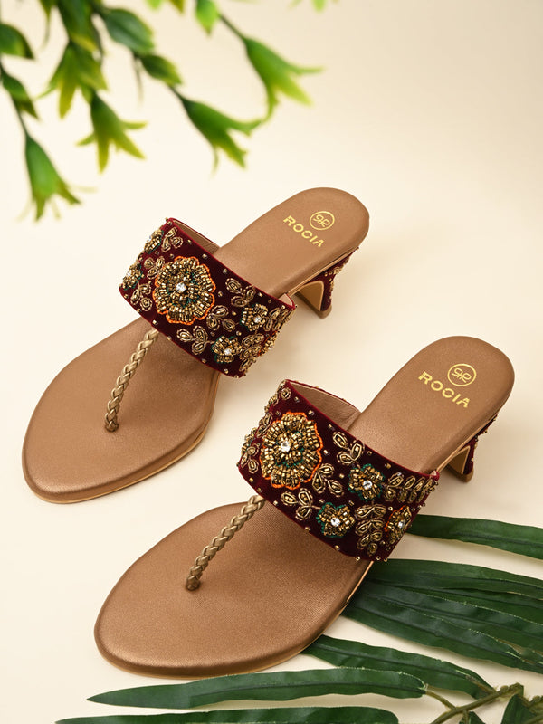 Rocia By Regal Antique Gold Women Hand Embroidered Velvet Sandals