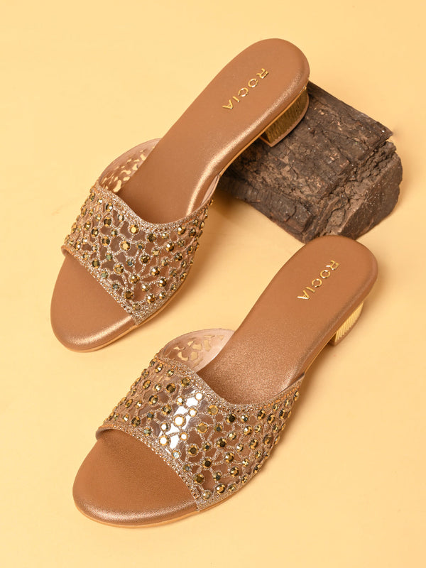 Rocia By Regal Antique Gold Women Fancy Mesh Studded Block Heels
