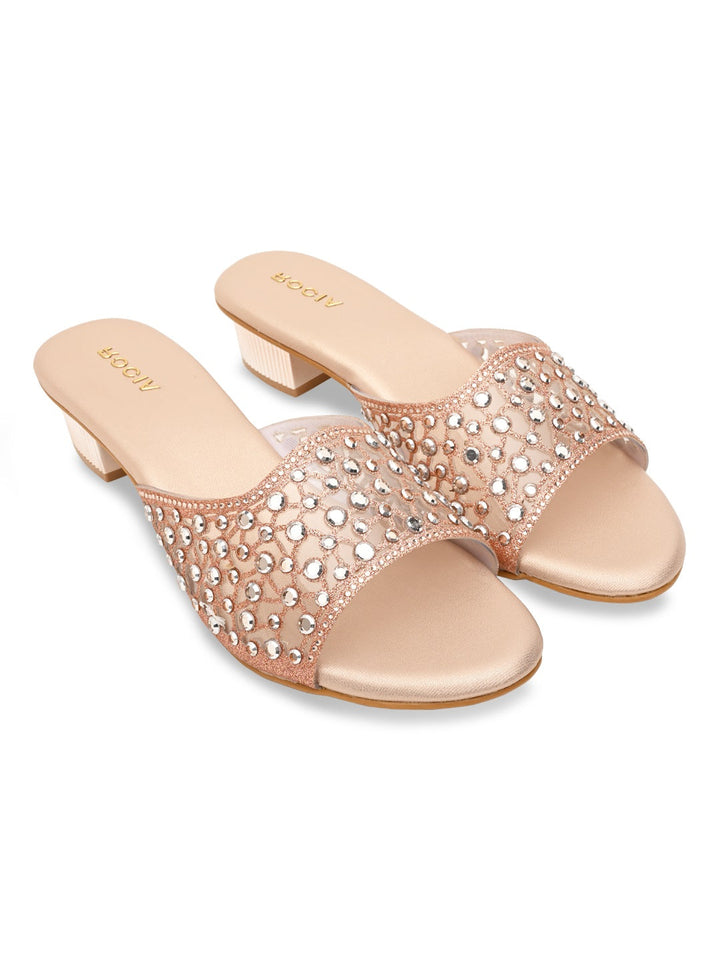 Rocia By Regal Rose Gold Women Fancy Mesh Studded Block Heels
