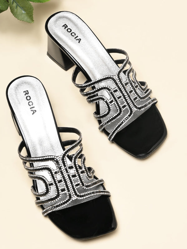 Rocia By Regal Black Women Diamond Studded Block Heels