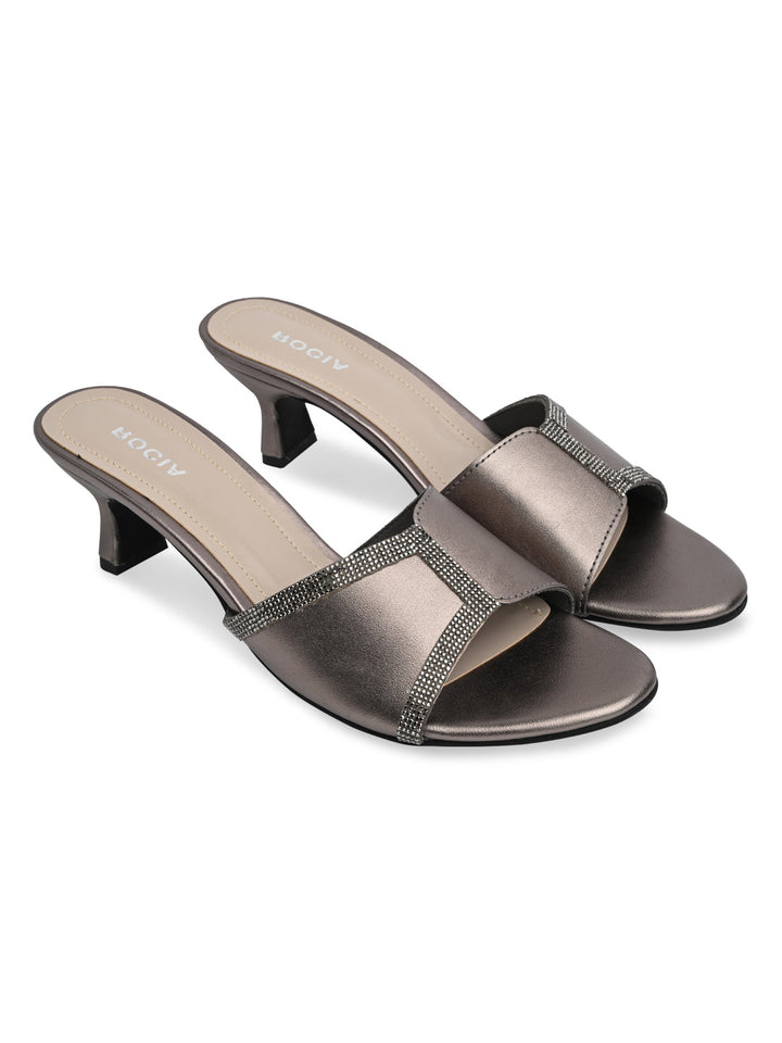 Rocia By Regal Gun Metal Women Diamond Embellished Kitten Heel Sandals