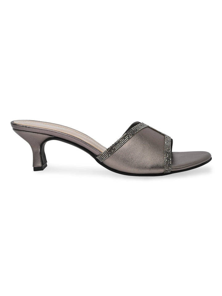 Rocia By Regal Gun Metal Women Diamond Embellished Kitten Heel Sandals