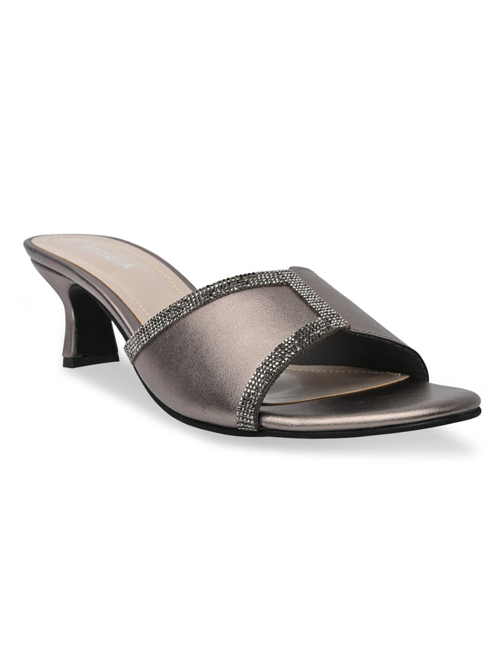 Rocia By Regal Gun Metal Women Diamond Embellished Kitten Heel Sandals
