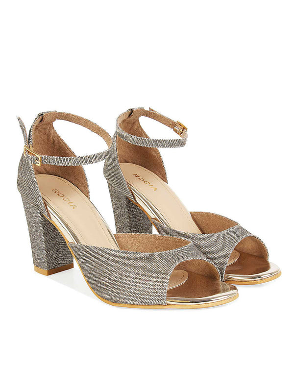 Rocia By Regal Women Antique Gold Shimmer Strap Block Heels