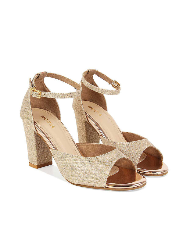 Rocia By Regal Women Rose Gold Shimmer Strap Block Heels
