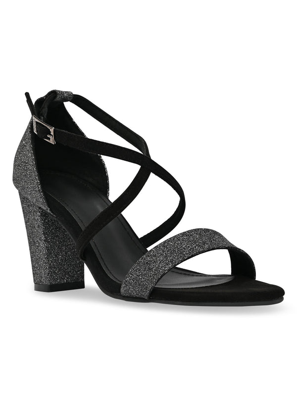 Rocia By Regal Black Women Shimmery Ankle Strap Block Heels