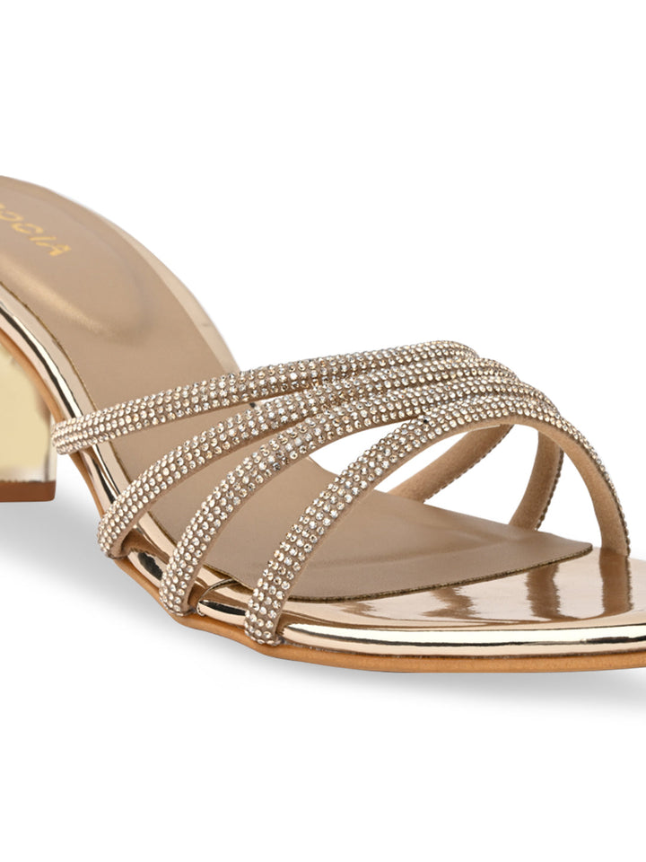 Rocia By Regal Gold Women Diamond Strap Block Heel Sandals