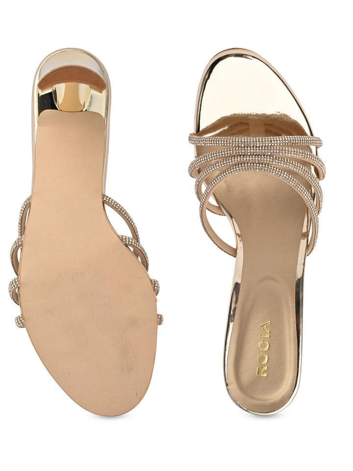 Rocia By Regal Gold Women Diamond Strap Block Heel Sandals