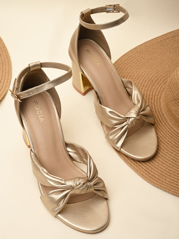Rocia By Regal Gold Women Knotted Block Heel Ankle Strap Sandals