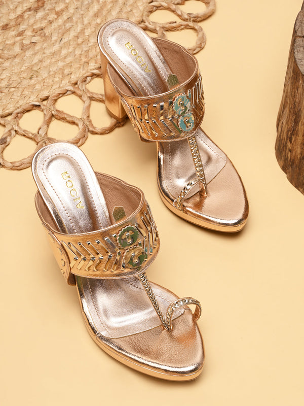 Rocia By Regal Rose Gold Women High Block Heel Stylish Kolhapuris