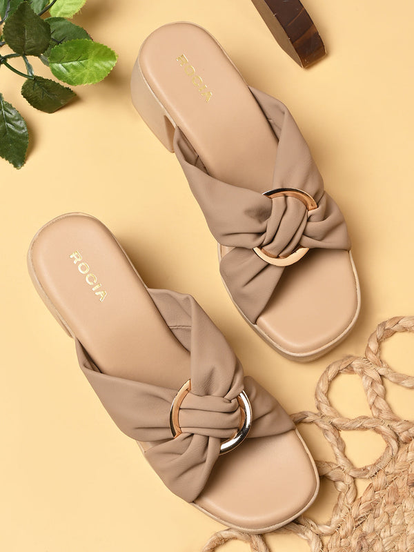 Rocia By Regal Beige Women Buckled High Block Heel Sandals