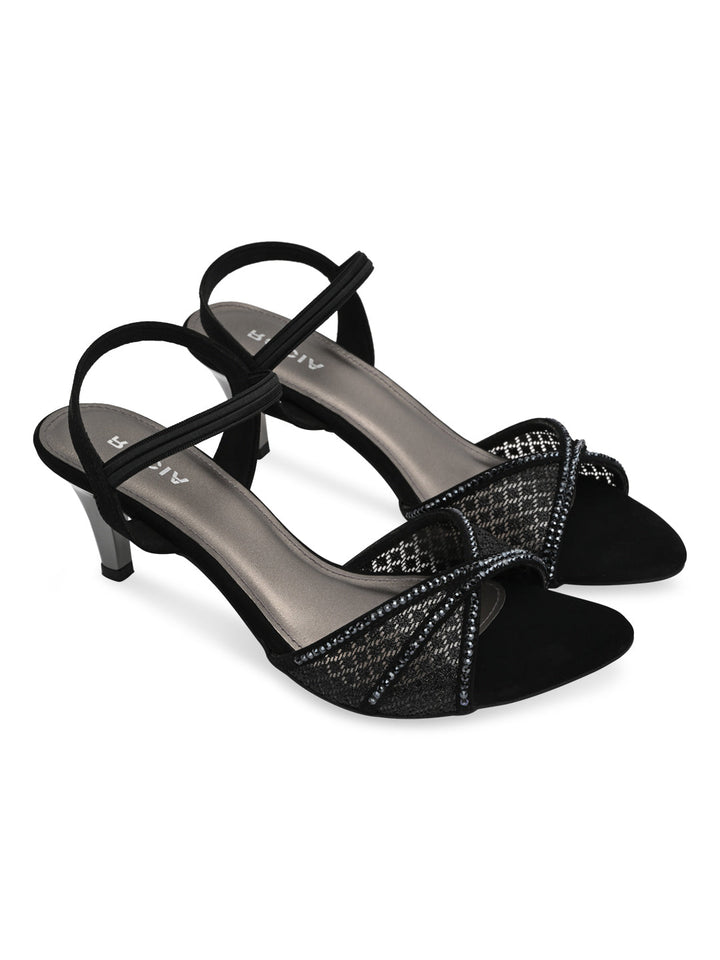 Rocia By Regal Black Women Diamond Embellished Lace Stilettos