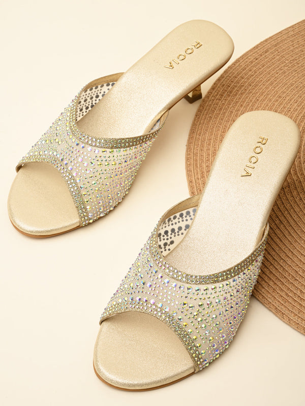 Rocia By Regal Gold Women Diamante Mesh Slip On Stilettos