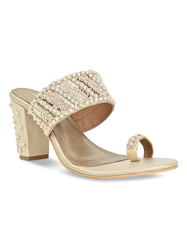 Rocia By Regal Gold Women Hand Embroidered Block Heel Sandals
