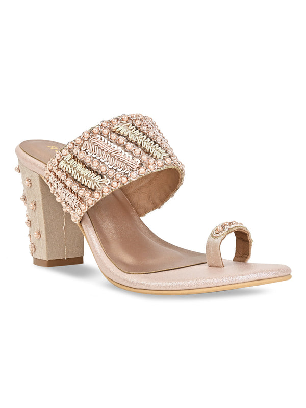 Rocia By Regal Rose Gold Women Hand Embroidered Block Heel Sandals
