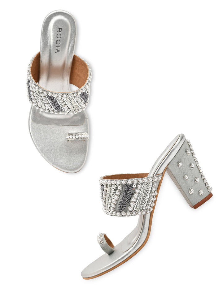 Rocia By Regal Gold Women Hand Embroidered Block Heel Sandals