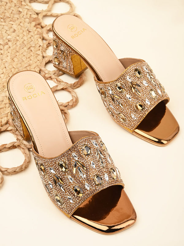 Rocia By Regal Antique Gold Women Heavy Diamond Encrusted High Heel Sandals