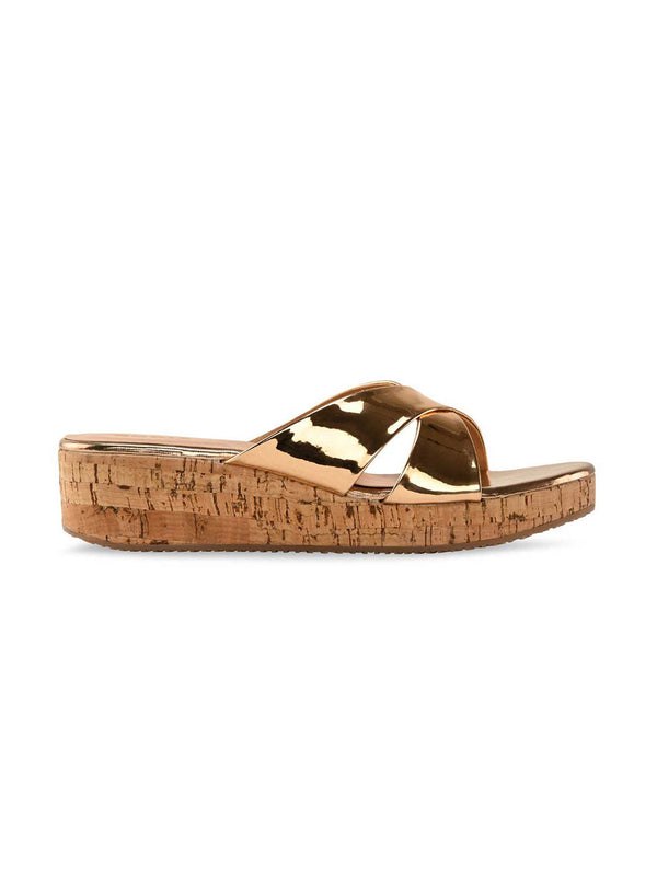 Rocia By Regal Champagne Women Criss Cross Shimmery Wedges