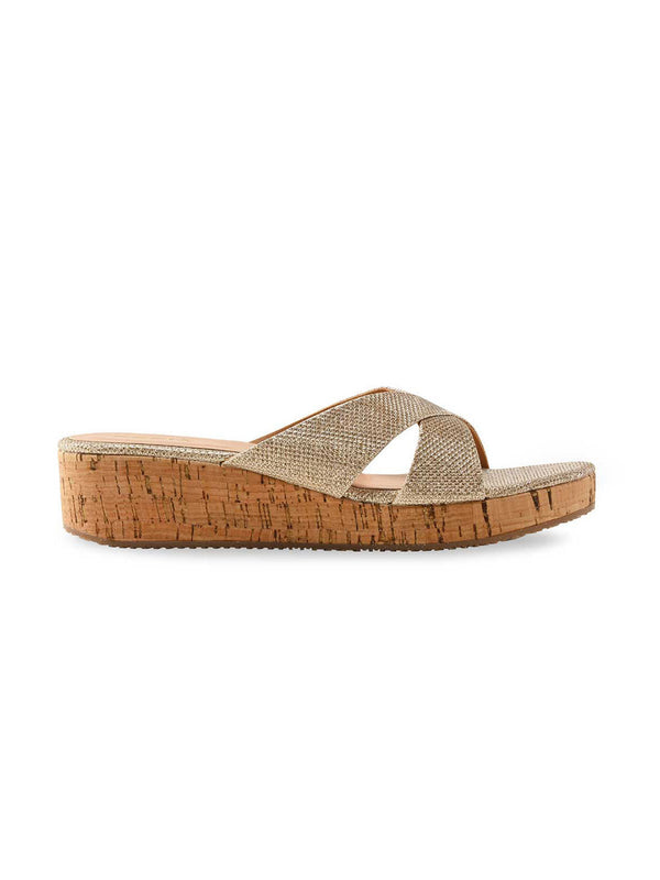 Rocia By Regal Gold Women Criss Cross Shimmery Wedges