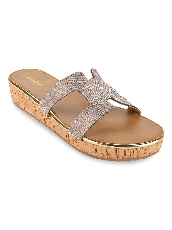 Rocia By Regal Antique Gold Women Textured Slip On Sandals