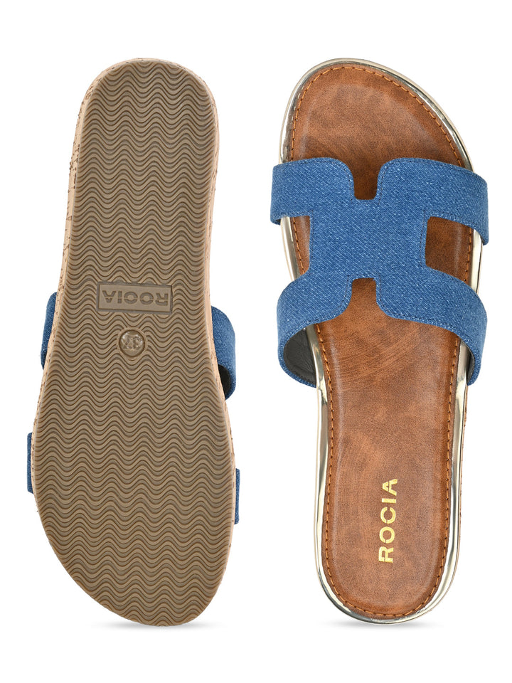 Rocia By Regal Denim Blue Women Textured Slip On Sandals