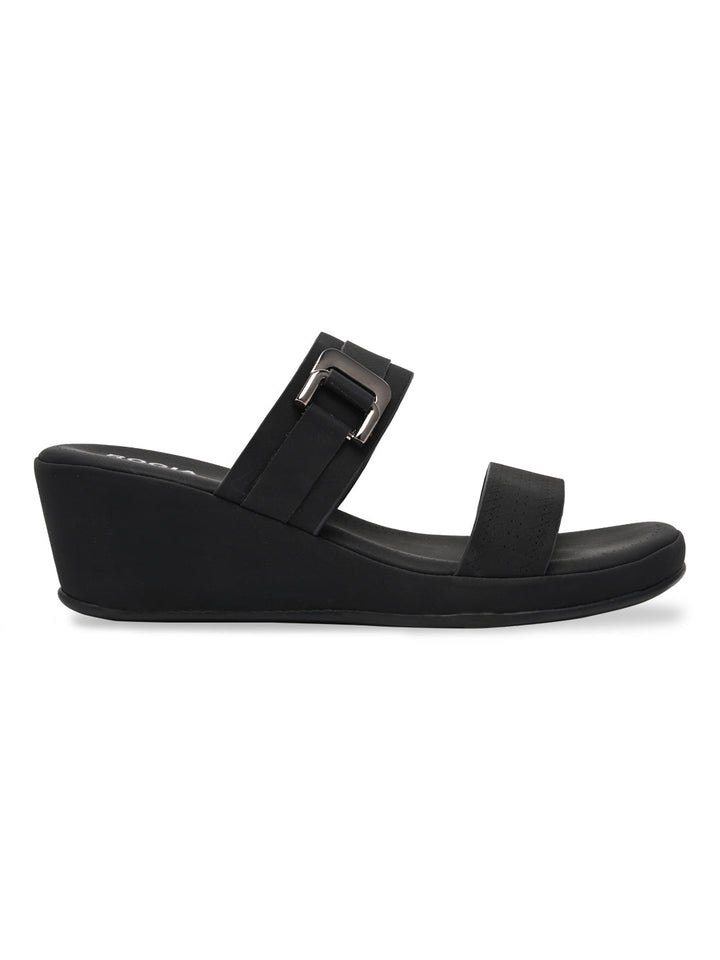 Rocia By Regal Black Women Classy Buckled Wedges