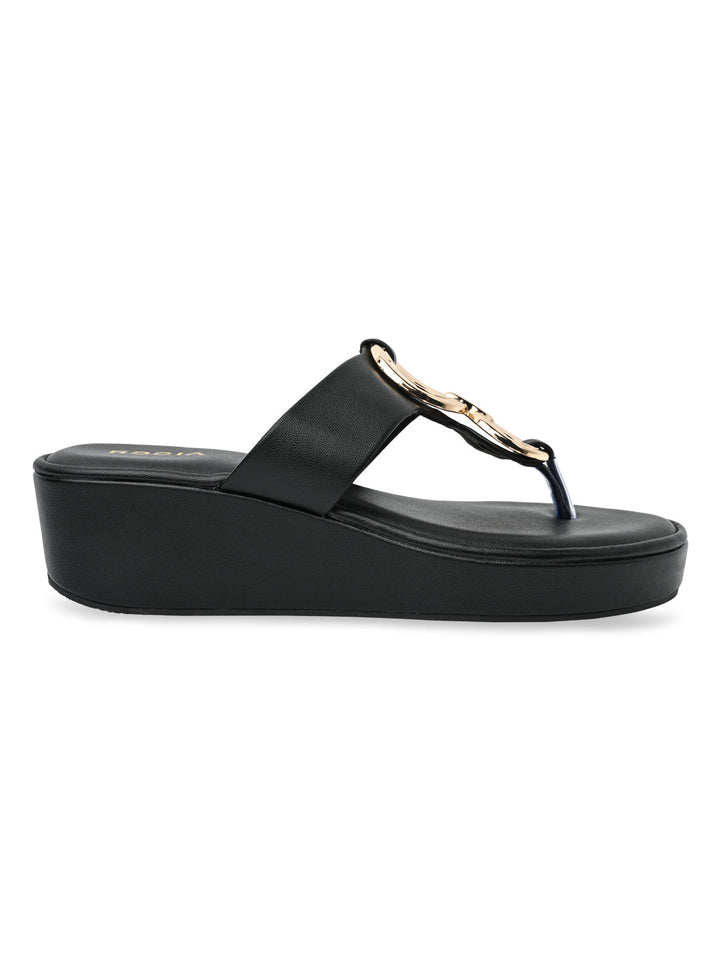Rocia By Regal Black Women Casual Gold Buckled Wedges