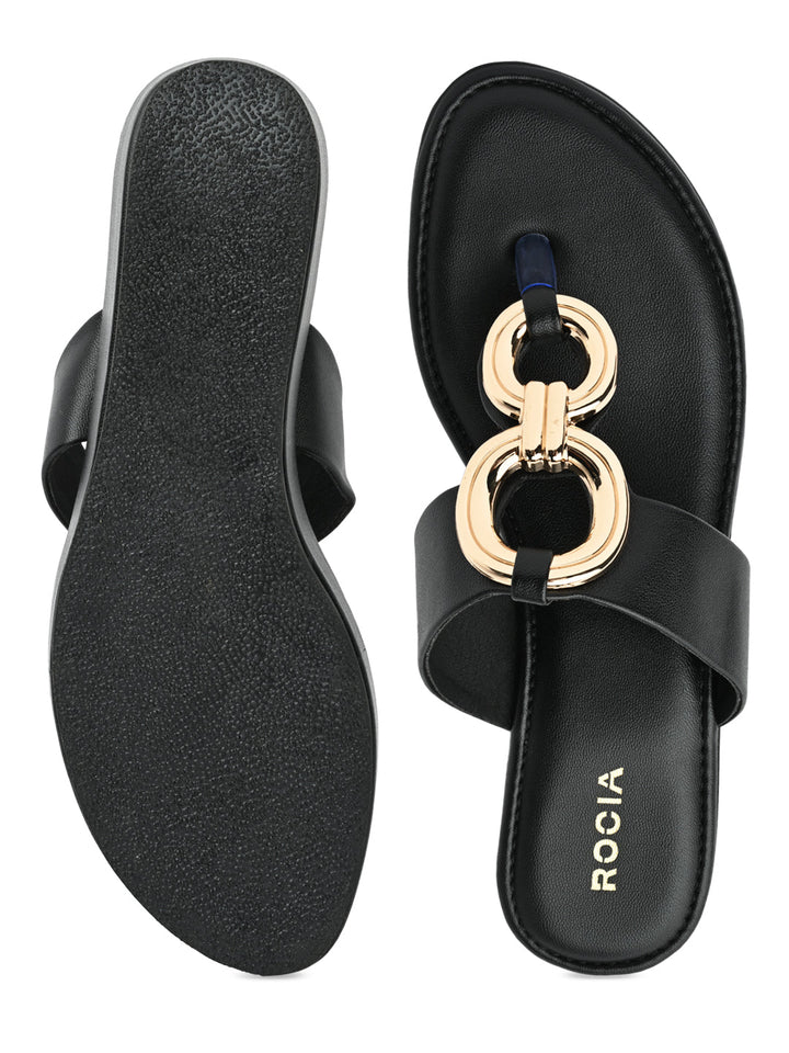 Rocia By Regal Black Women Casual Gold Buckled Wedges