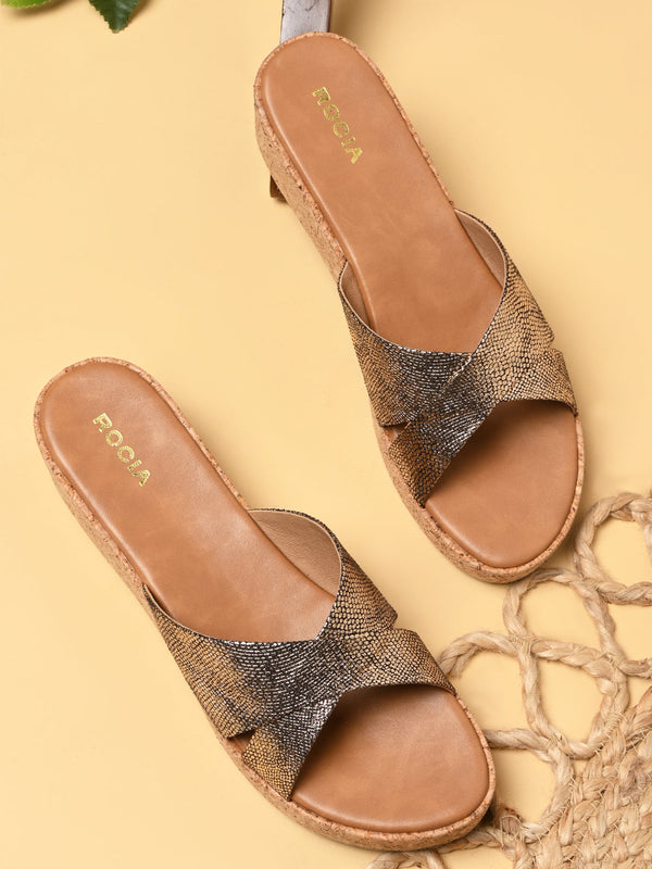 Rocia By Regal Bronze Women Shimmer Cross Strap Wedges