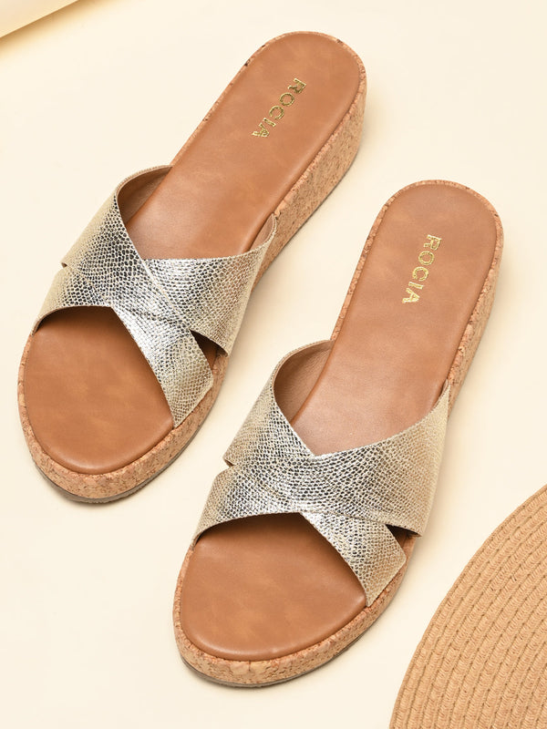 Rocia By Regal Gold Women Shimmer Cross Strap Wedges