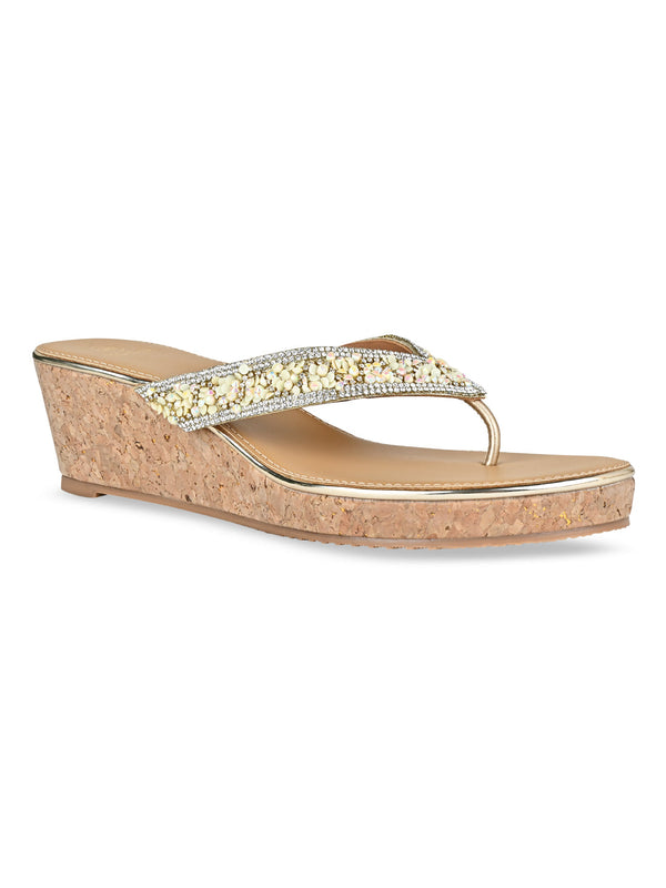 Rocia By Regal Gold Women Embroidered Thong Wedges