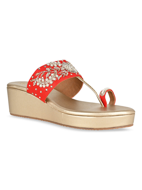 Rocia By Regal Red Women Hand Embroidered Wedges