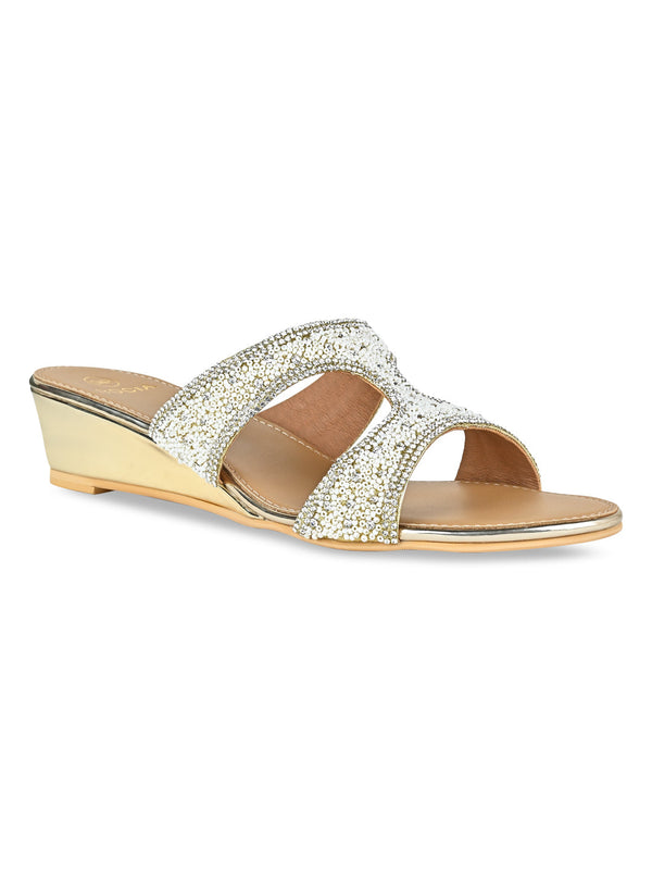 Rocia By Regal Gold Women Hand Embroidered Wedges