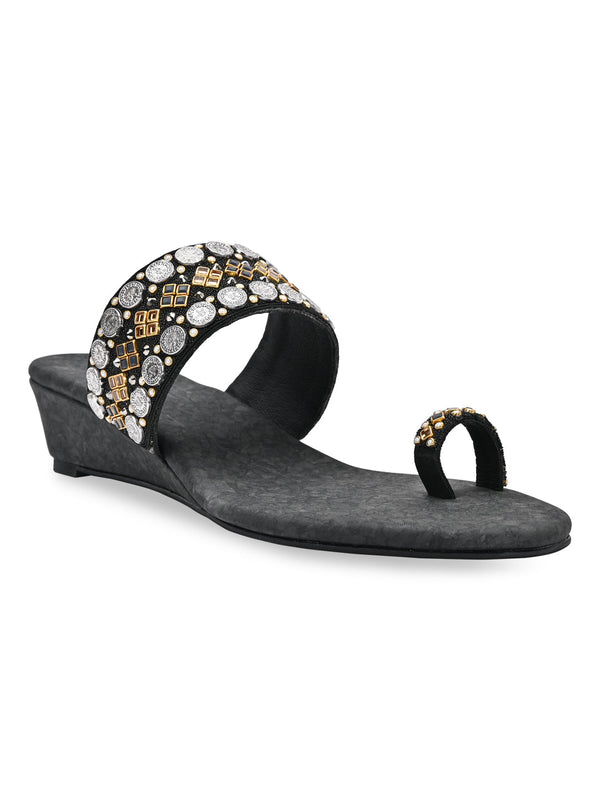 Rocia By Regal Black Women Hand Embroidered Ethnic Wedges