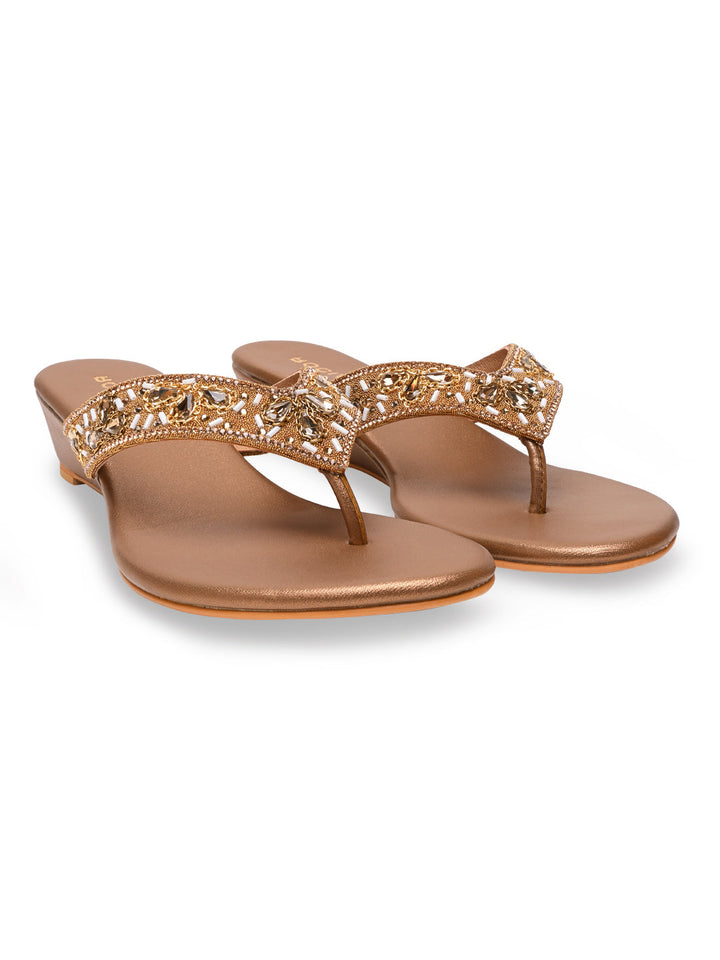 Rocia By Regal Antique Gold Women Embroidered Wedge Heels