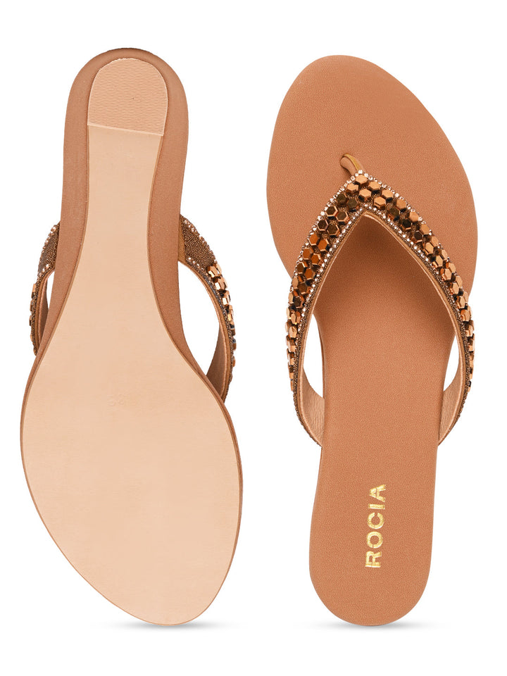Rocia By Regal Antique Gold Women Casual Embroidered Wedges