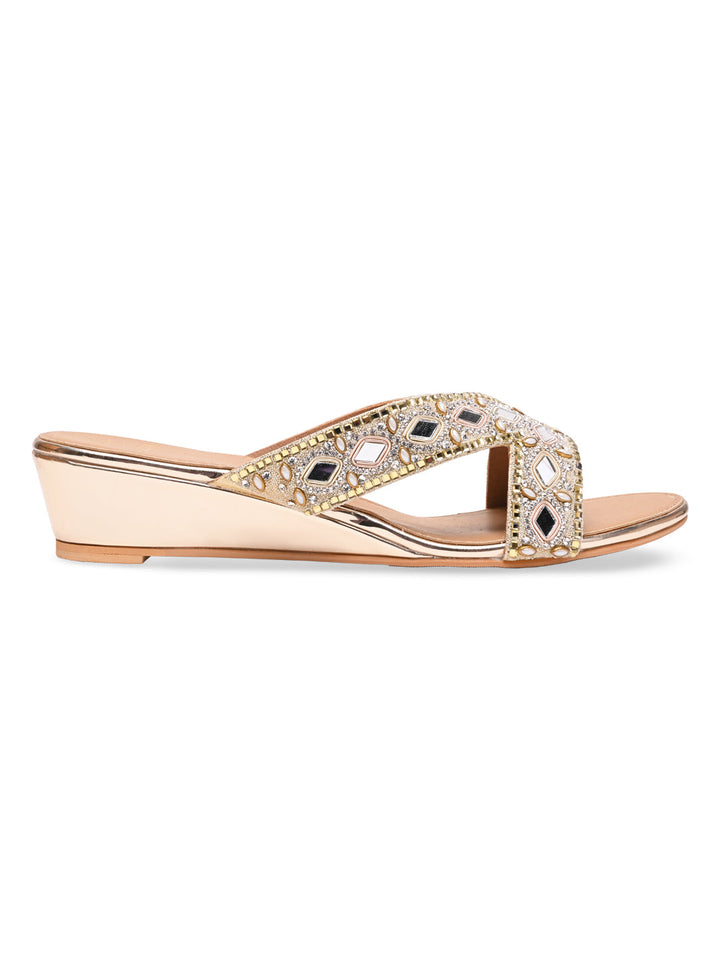 Rocia By Regal Gold Women Embroidered Wedges