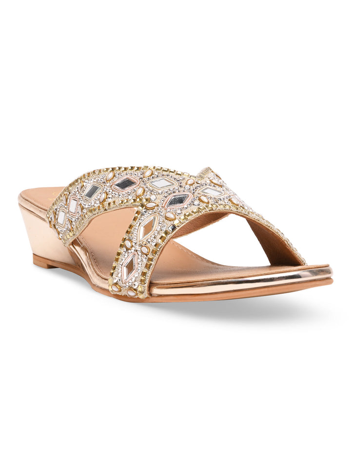 Rocia By Regal Gold Women Embroidered Wedges