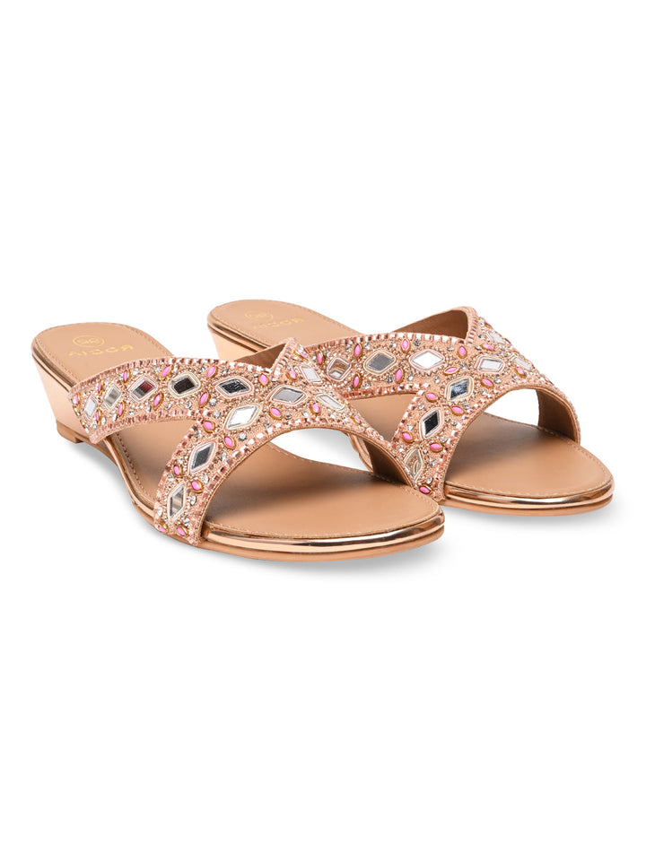 Rocia By Regal Rose Gold Women Embroidered Wedges