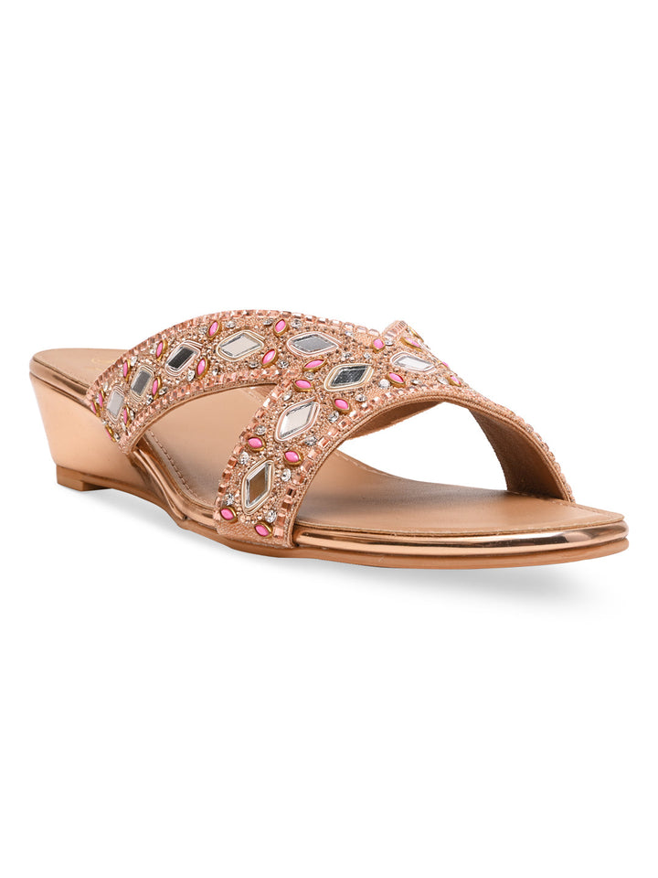 Rocia By Regal Rose Gold Women Embroidered Wedges