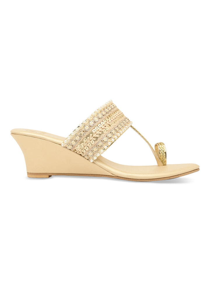 Rocia By Regal Gold Women Embroidered Wedges