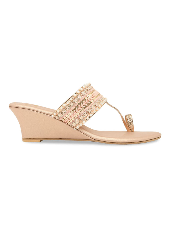Rocia By Regal Rose Gold Women Embroidered Wedges