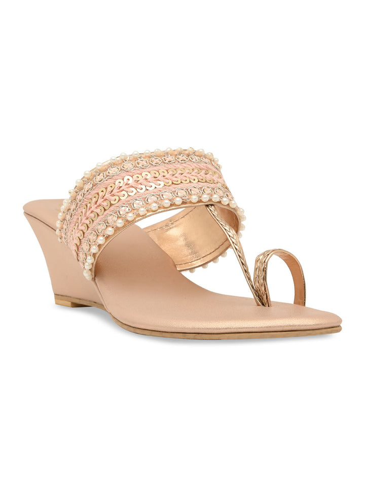 Rocia By Regal Rose Gold Women Embroidered Wedges