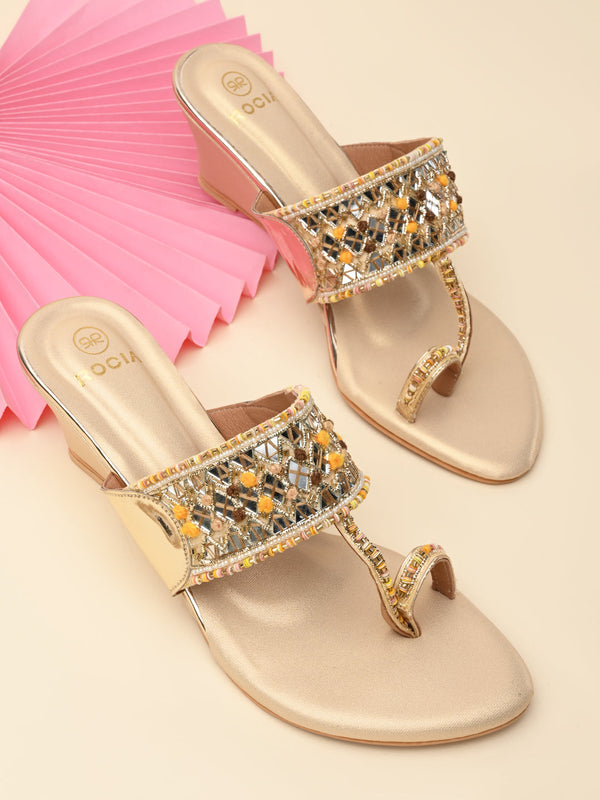 Rocia By Regal Gold Women Mirror Work Kolhapuri Wedges