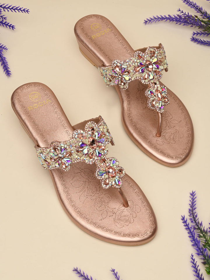 Rocia By Regal Rose Gold Women Heavy Embroidered Small Wedges