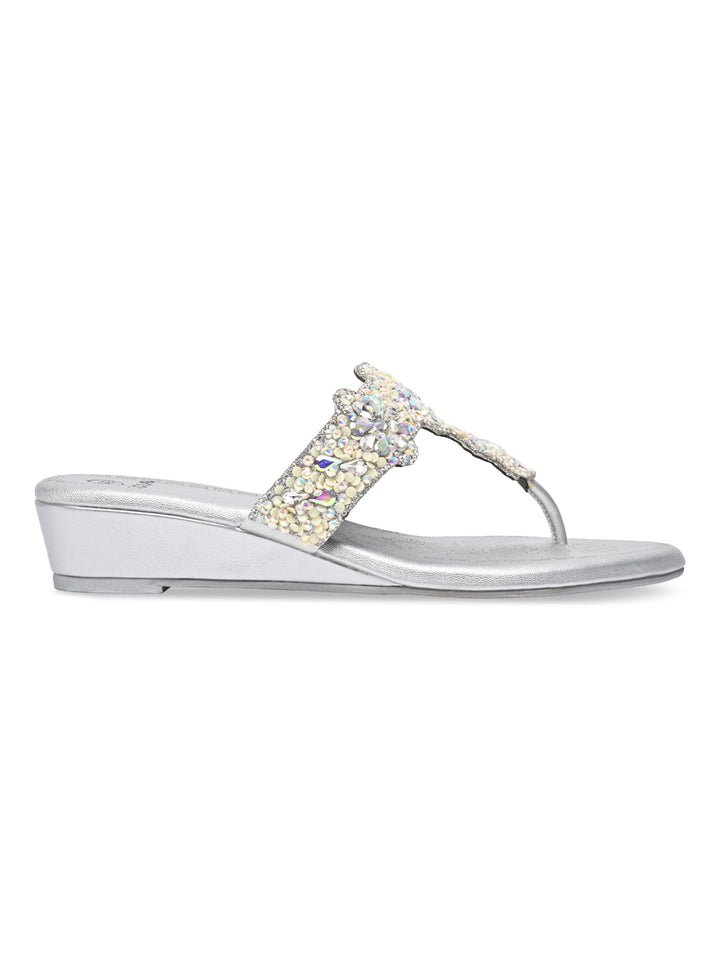 Rocia By Regal Silver Women Heavy Embroidered Small Wedges