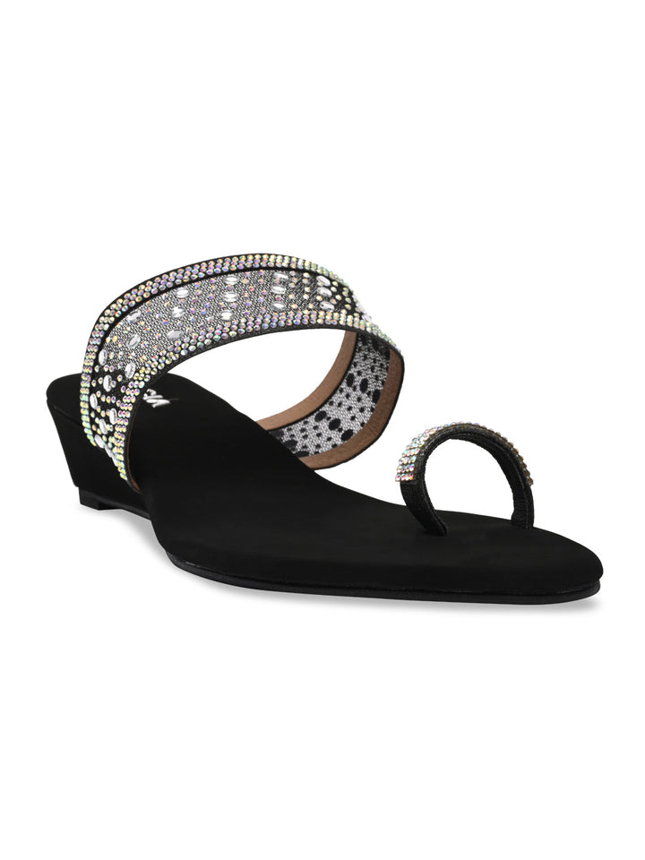 Rocia By Regal Black Women One Toe Diamond On Vinyl Fancy Wedges