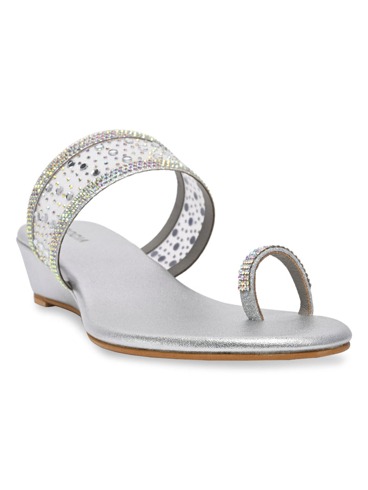 Rocia By Regal Silver Women One Toe Diamond On Vinyl Fancy Wedges