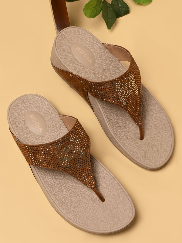 Rocia By Regal Tan Women Diamond Studded Comfort Wedges